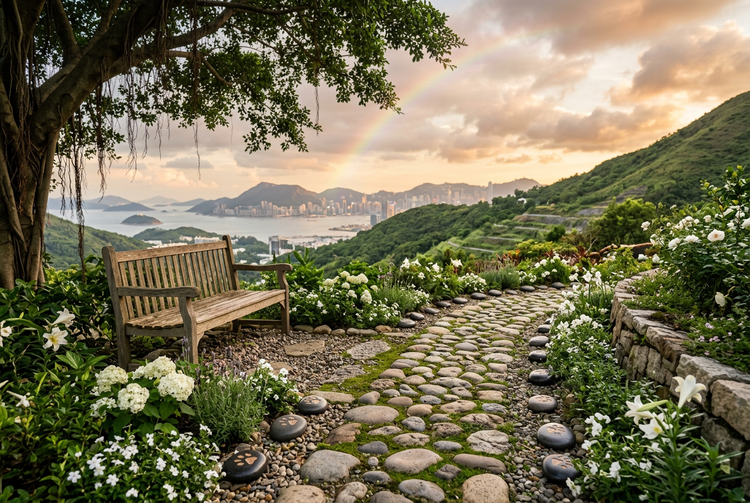 山坡上的寵物紀念花園，刻有爪印的石頭、白花和長椅，天空有淡淡彩虹