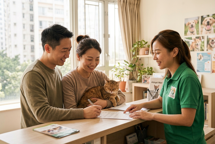 一對夫婦抱著貓咪，在中心職員協助下簽署領養文件